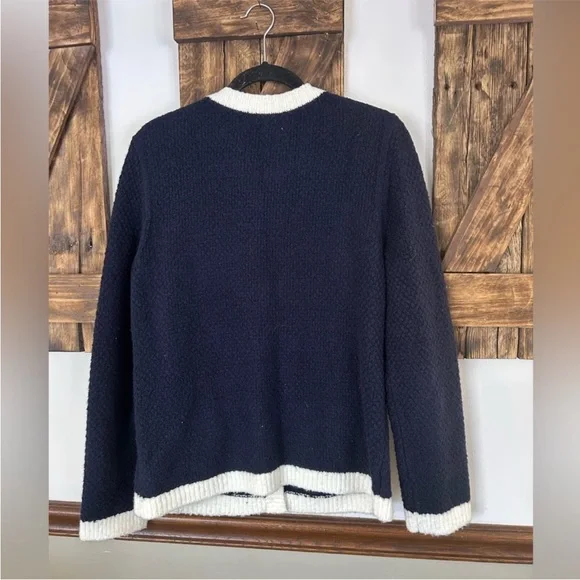 TALBOTS Boucle dipped sweater cardigan button down navy blue, white - Picture 2 of 11